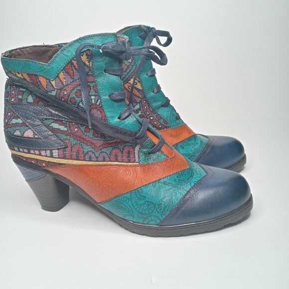 SOCOFY Bohemian Splicing Pattern Block Zipper Ankle Leather Boots - Picture 5 of 10